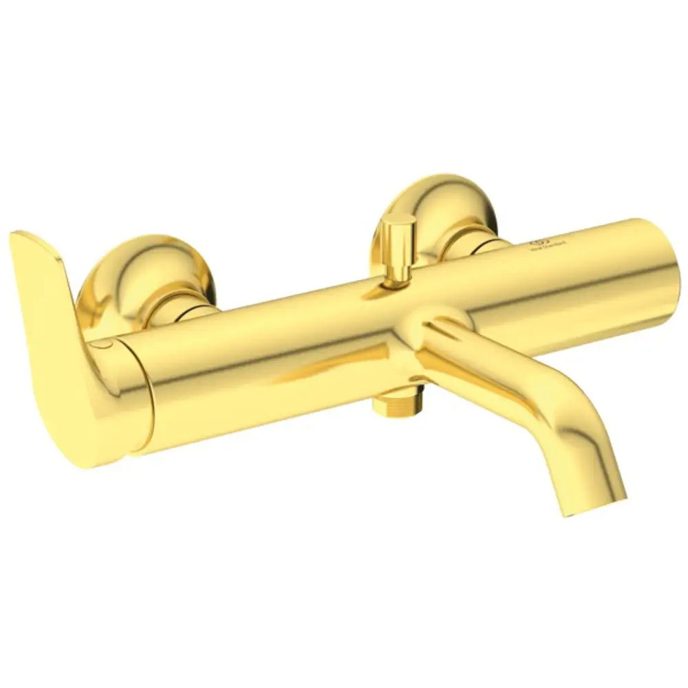 Wandmontierte Badearmatur in glänzendem Goldfinish von Ideal Standard, mit zwei Griffen und einem waagrechten Auslauf.